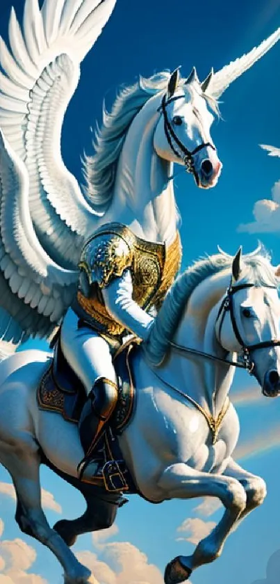 Fantasy art of a winged horse with a warrior in a vibrant, cloud-filled sky.