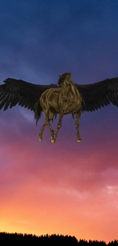 Winged horse flying over a colorful sunset sky.