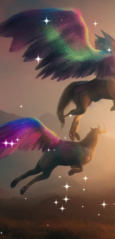 Majestic winged horses soar across a mystical sky.