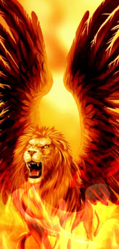 Majestic golden winged lion in fantasy artwork for wallpaper.