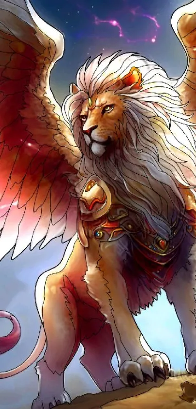 A majestic winged lion illustrated in vibrant colors.