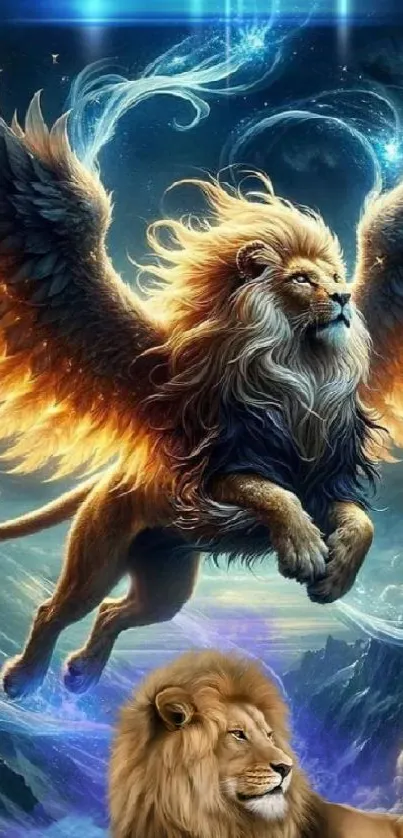 Majestic winged lion in fantasy scene with glowing celestial backdrop.