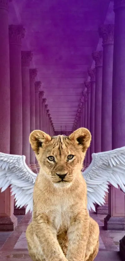 Lion cub with wings in purple hallway.