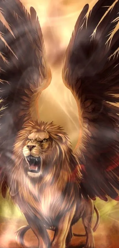 Majestic winged lion with bold brown wings in digital artwork.