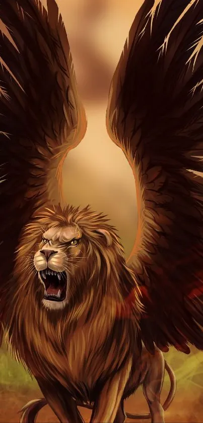 Majestic lion with wings on earthy background.