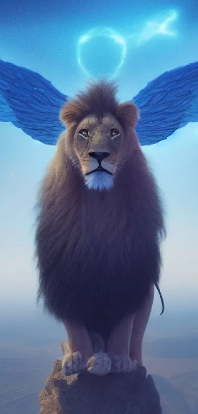 Lion with blue wings under a serene blue sky.