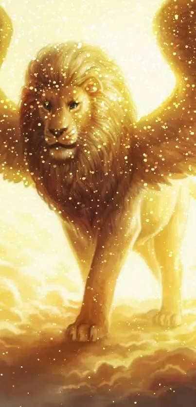 Winged lion soaring through golden clouds.