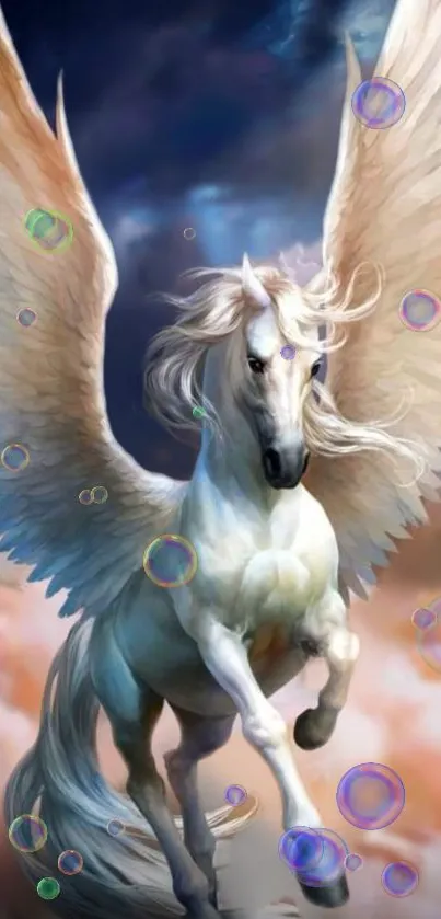 Majestic winged Pegasus flying with colorful bubbles and clouds.