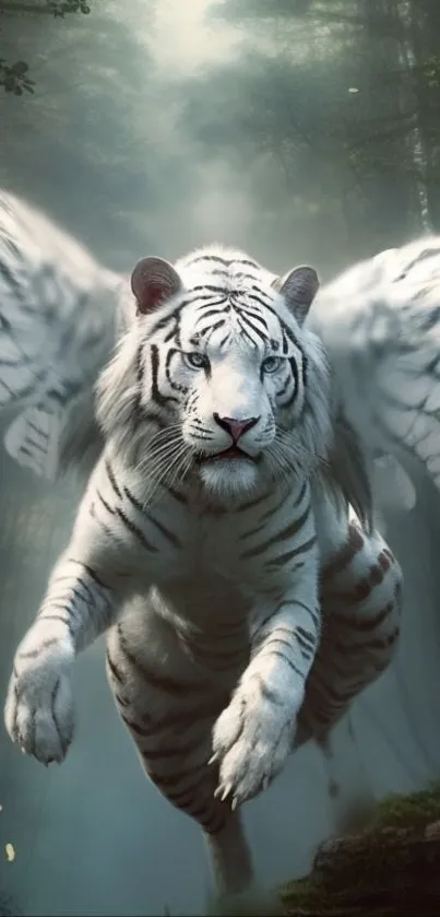 A majestic white tiger with wings flying in a misty forest.