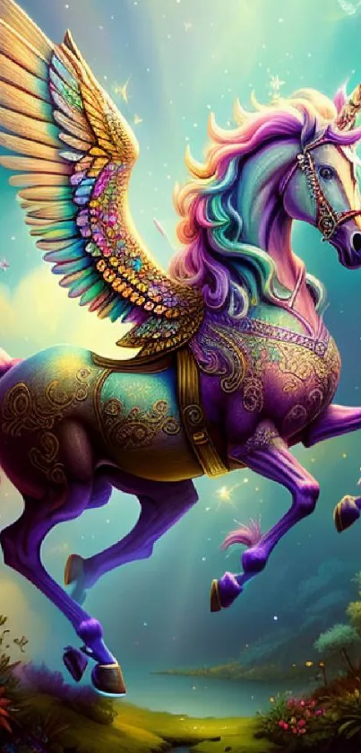 A colorful winged unicorn in a mystical landscape.