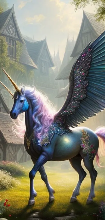 Majestic winged unicorn in a fantasy village setting.