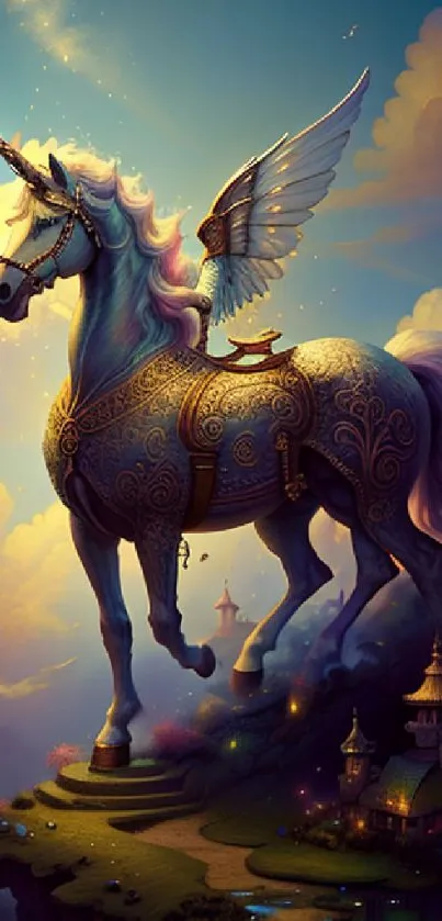 Majestic winged unicorn standing on a cliff in a fantasy landscape.