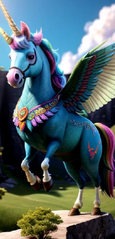 Winged unicorn with vibrant colors and magical fantasy landscape.