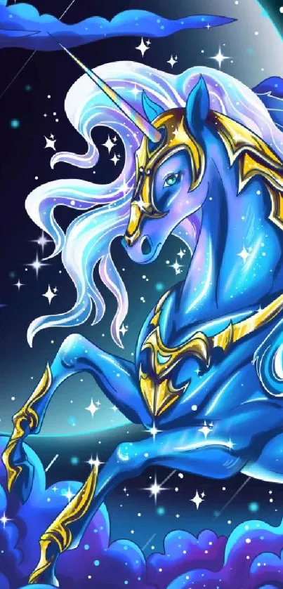 Majestic winged unicorn under starry sky.