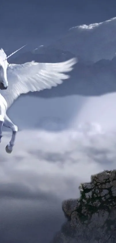 Winged unicorn flying through cloudy skies, a fantasy-themed wallpaper.