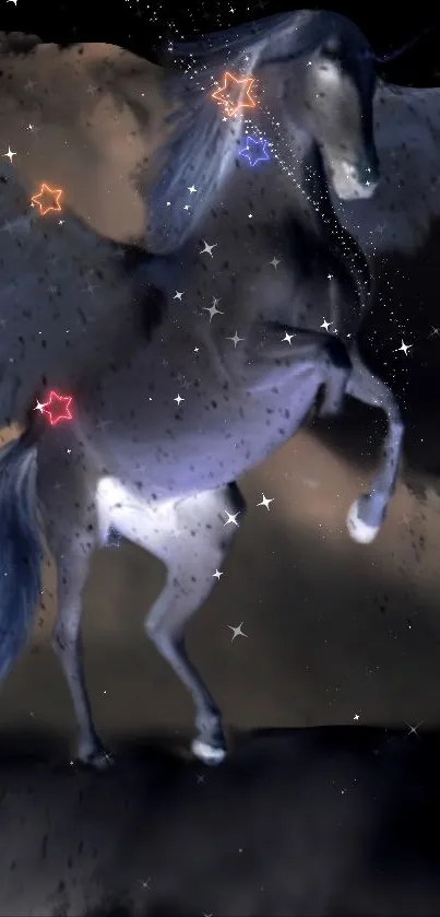 Dark winged unicorn soaring in mystical clouds.