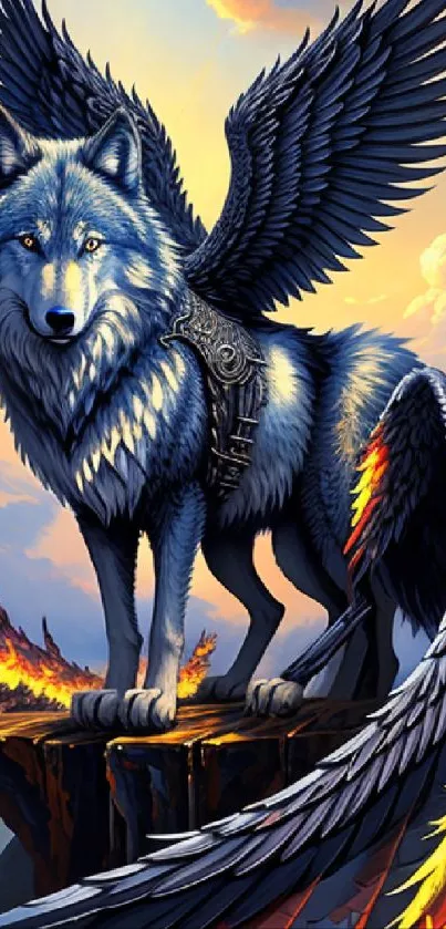 Winged wolf with fiery wings on a cliff against a sunset sky.