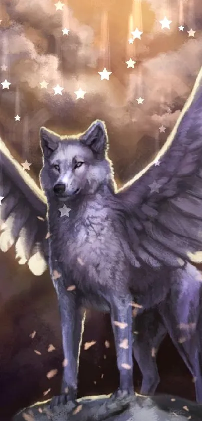 Winged wolf standing majestically in a mystical fantasy setting.