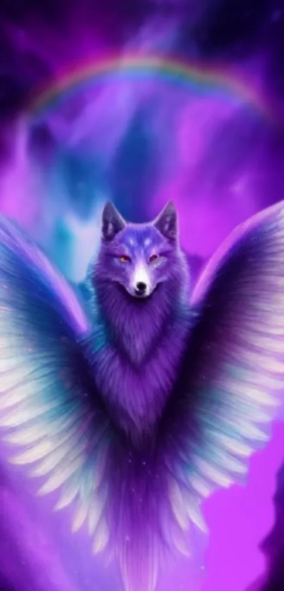 Fantasy wolf with wings in vibrant purple on a mobile wallpaper.