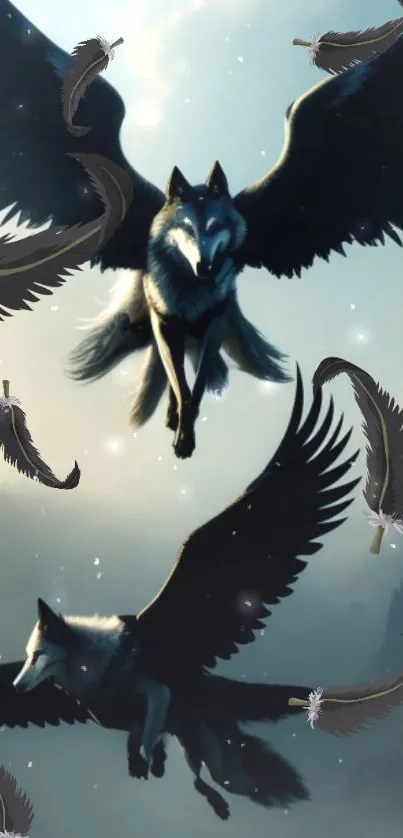 Winged wolves and feathers in a mystical sky.