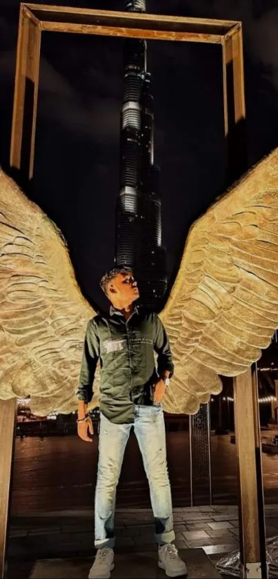 Man with golden wings at night city backdrop.