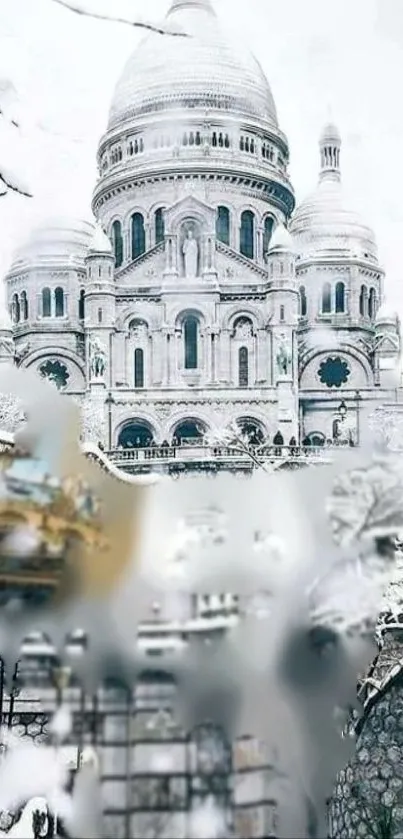 Snow-covered Sacré-Cœur Basilica in winter.