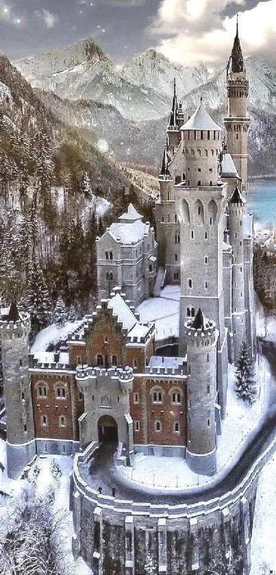 Majestic castle in snow-covered mountains under cloudy sky.