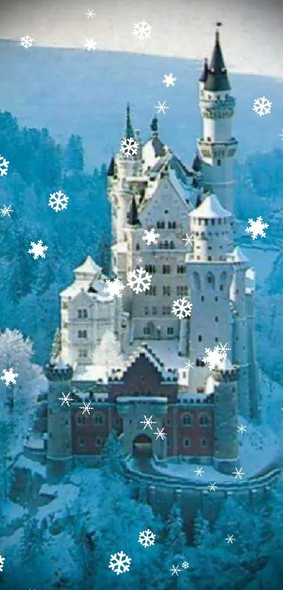 Majestic castle in snowy winter setting.