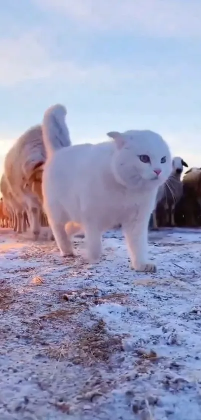 White cat leading flock of sheep in winter sunrise.