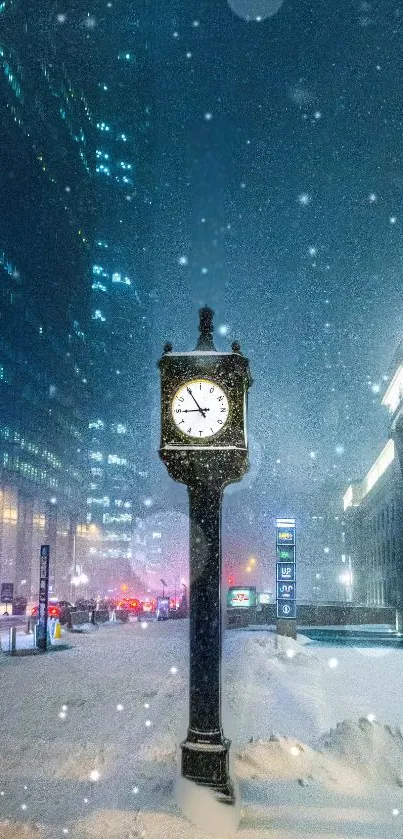 Snowy cityscape with vintage clock and falling snow at night.