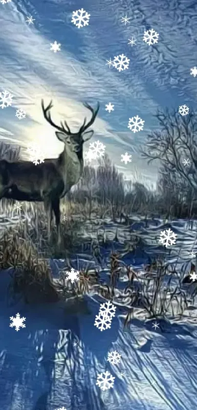 Majestic deer standing in snowy winter landscape under a vibrant blue sky.