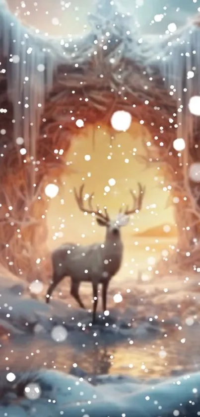 A majestic deer stands in a snowy landscape with falling snow and glowing background.