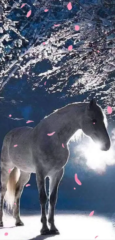 White horse standing in a snowy, blue-lit winter wonderland.