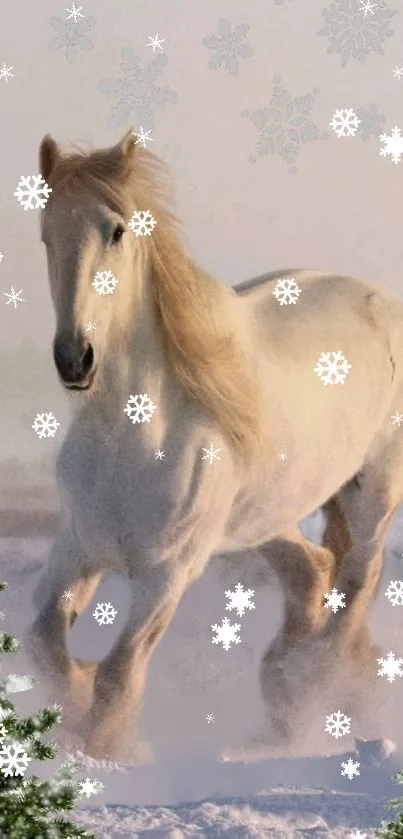 Majestic white horse in snowy landscape with delicate snowflakes.