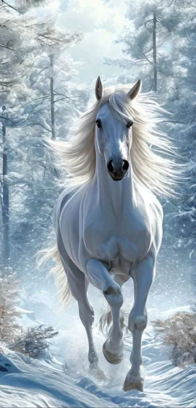 White horse running in a snowy forest landscape.
