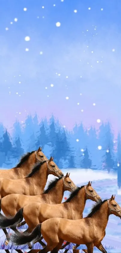 Majestic horses running through a snowy winter forest under a light blue sky.