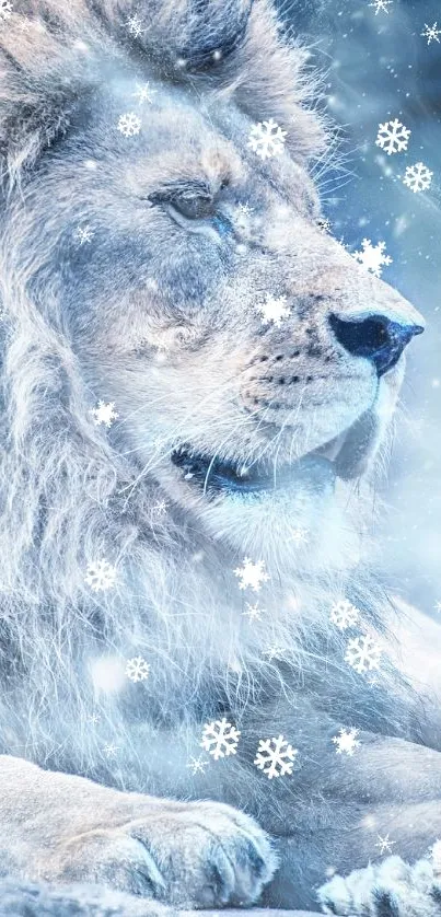 Majestic lion in a winter scene with falling snow.