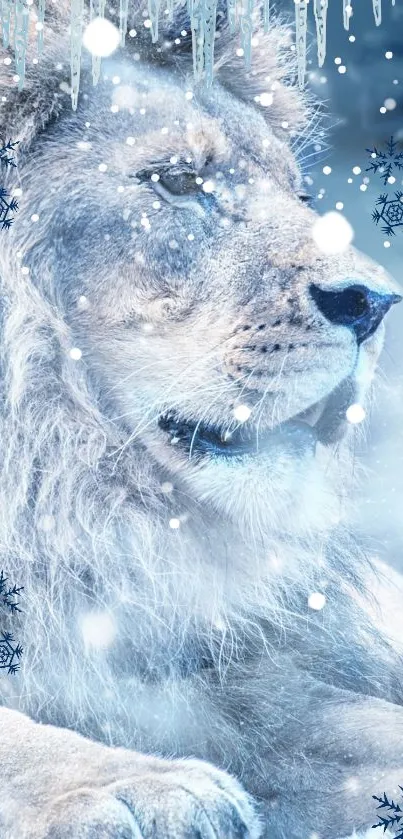 Majestic lion in icy snowflakes and blue tones, mobile wallpaper.