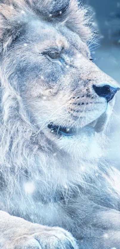 Majestic lion in snowy winter setting mobile wallpaper.