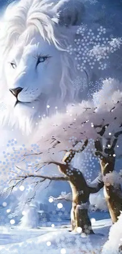 Majestic white lion in a snowy winter scene with trees.