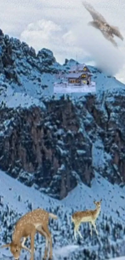 Mountain scene with deer, eagle, and cabin in snowy landscape.