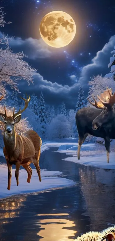 Winter night scene with moon, deer, and snowy landscape.