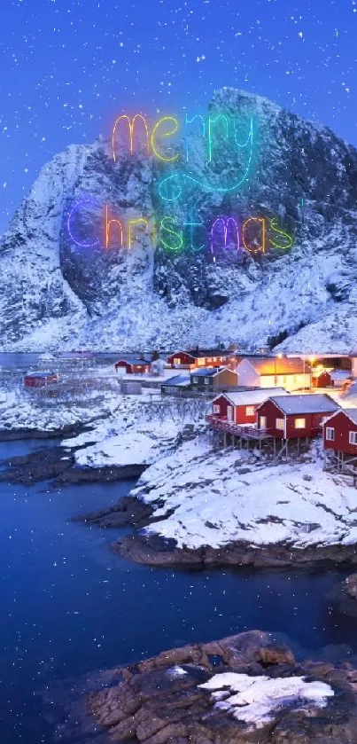 Snowy village at night with starry sky and blue hues.