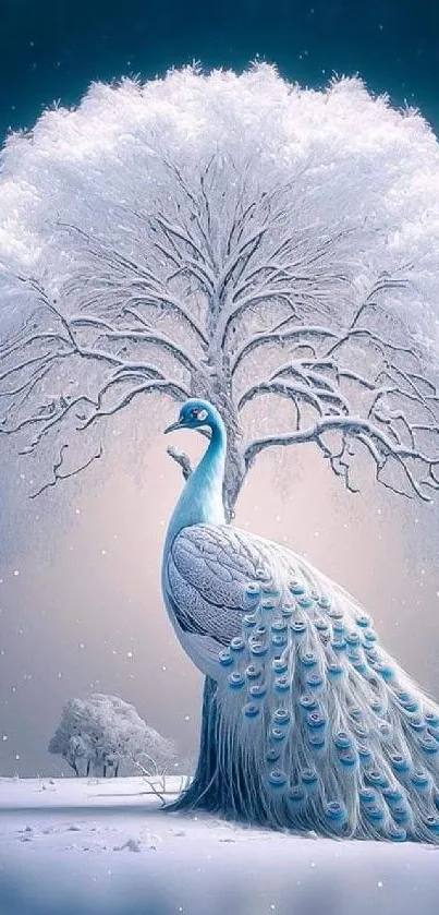 Beautiful mobile wallpaper featuring a peacock in a snowy landscape with a white tree.