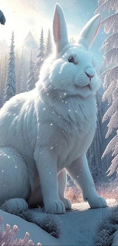 A majestic white rabbit in a snowy forest scene filled with winter charm.