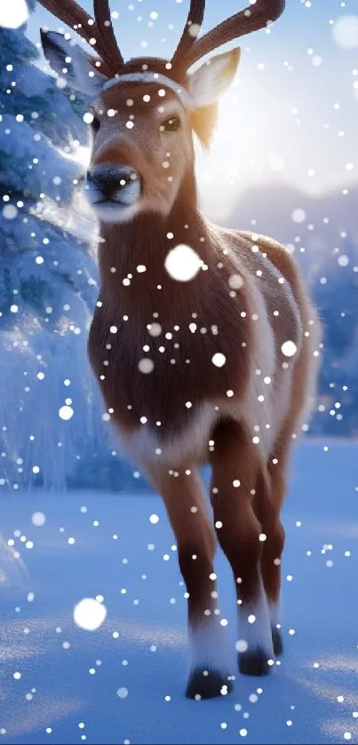 Majestic reindeer standing in snowy winter forest with blue sky.