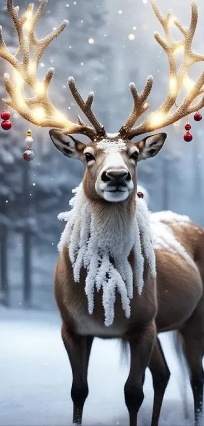 Majestic reindeer with glowing antlers in a snowy forest setting.