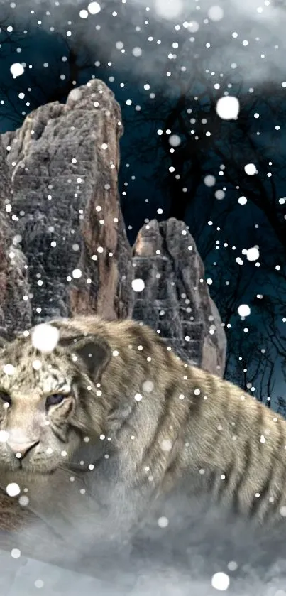 White tiger rests in snowy mountain landscape, surrounded by falling snow.