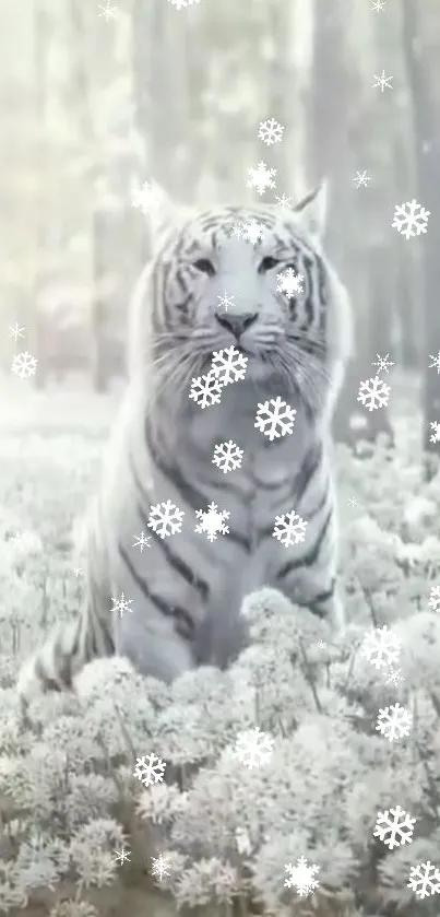 White tiger amidst a snowy forest.