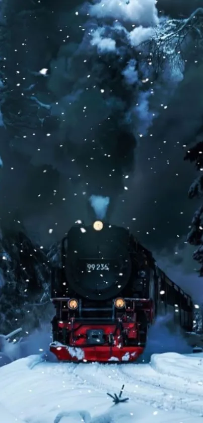 Vintage train in snowy winter forest at night.